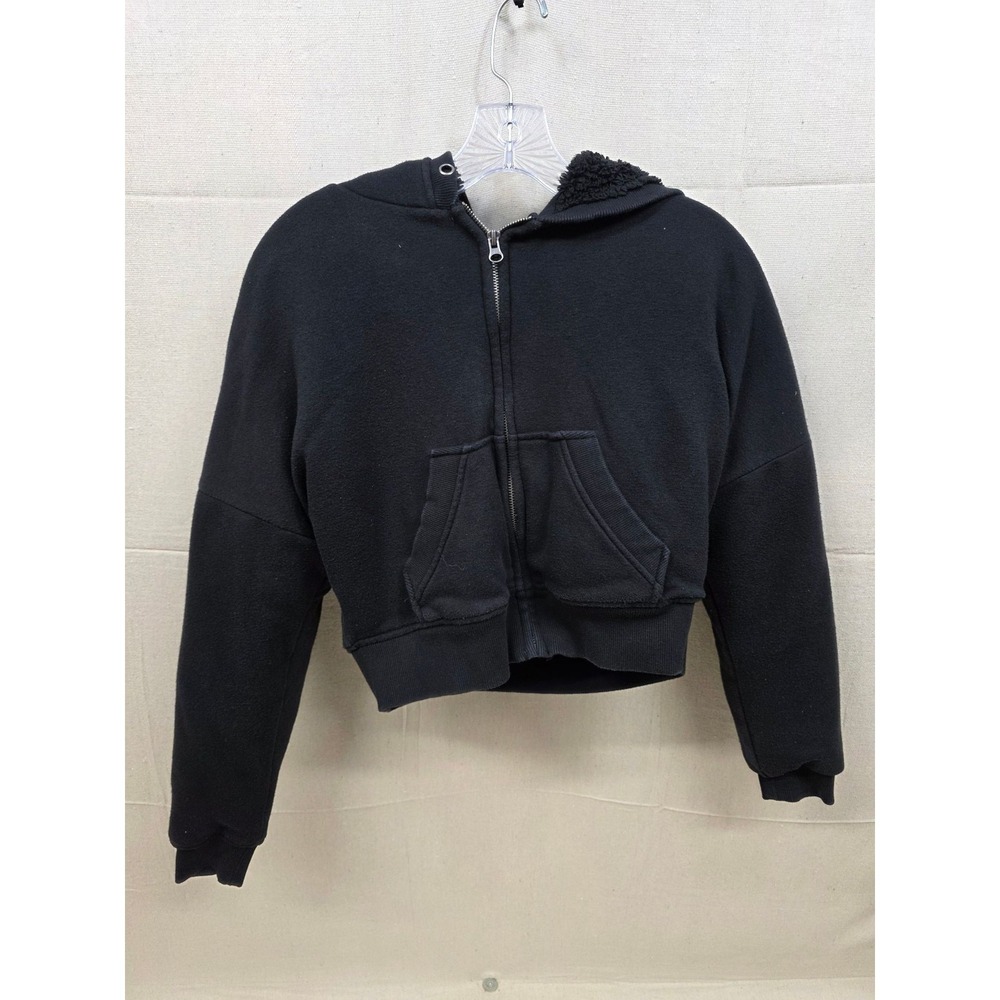 Aeropostale Black Sherpa Lined Hood Cropped Full Zip Hoodie Sweatshirt Small‎